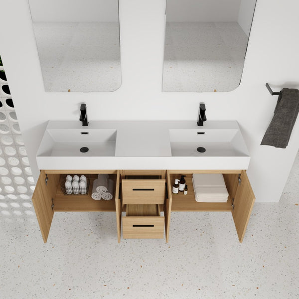 English Elm 60 Inch Floating Double Sink Vanity Light Oak Plywood Soft Close Storage Cabinet W3450S00118