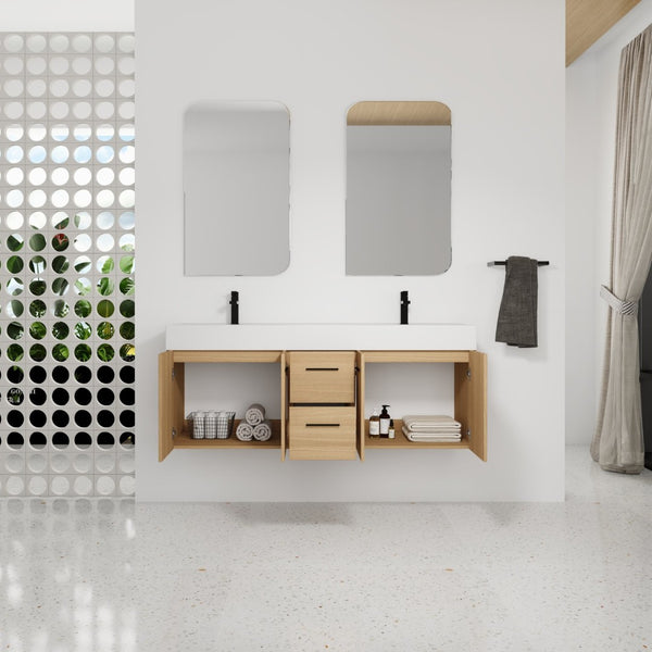 English Elm 60 Inch Floating Double Sink Vanity Light Oak Plywood Soft Close Storage Cabinet W3450S00118