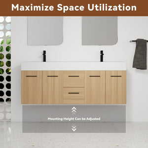 English Elm 60 Inch Floating Double Sink Vanity Light Oak Plywood Soft Close Storage Cabinet W3450S00118