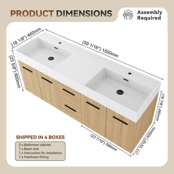 English Elm 60 Inch Floating Double Sink Vanity Light Oak Plywood Soft Close Storage Cabinet W3450S00118