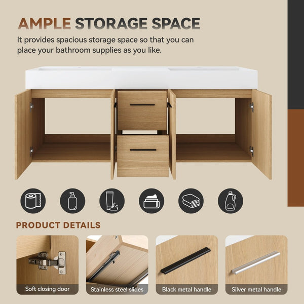 English Elm 60 Inch Floating Double Sink Vanity Light Oak Plywood Soft Close Storage Cabinet W3450S00118