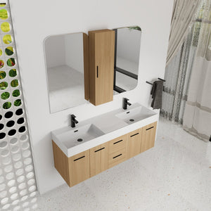 English Elm 60 Inch Floating Double Sink Vanity Set with Linen Cabinet Light Oak Plywood W3450S00119