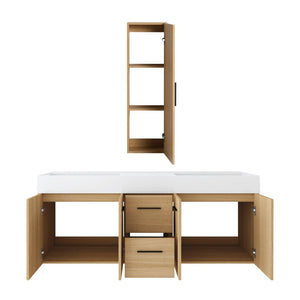 English Elm 60 Inch Floating Double Sink Vanity Set with Linen Cabinet Light Oak Plywood W3450S00119