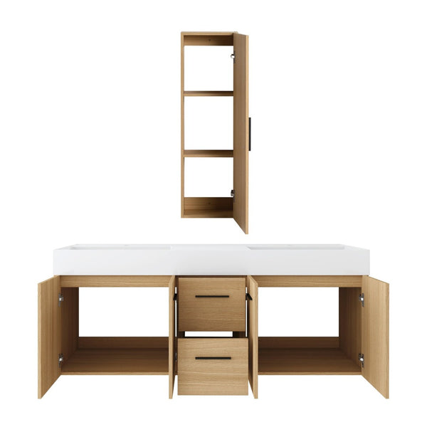 English Elm 60 Inch Floating Double Sink Vanity Set with Linen Cabinet Light Oak Plywood W3450S00119