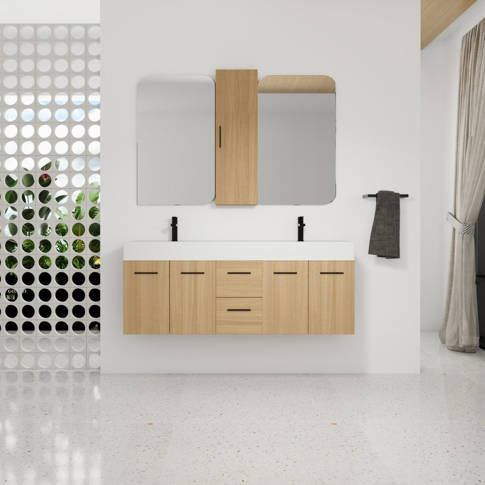 English Elm 60 Inch Floating Double Sink Vanity Set with Linen Cabinet Light Oak Plywood W3450S00119