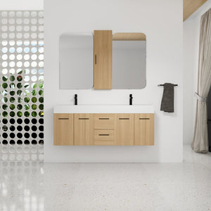 English Elm 60 Inch Floating Double Sink Vanity Set with Linen Cabinet Light Oak Plywood W3450S00119