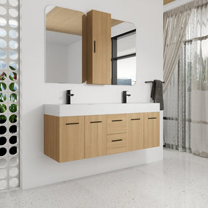 English Elm 60 Inch Floating Double Sink Vanity Set with Linen Cabinet Light Oak Plywood W3450S00119
