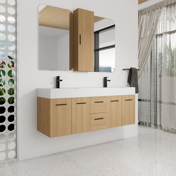 English Elm 60 Inch Floating Double Sink Vanity Set with Linen Cabinet Light Oak Plywood W3450S00119