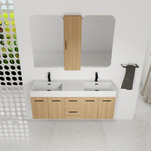 English Elm 60 Inch Floating Double Sink Vanity Set with Linen Cabinet Light Oak Plywood W3450S00119