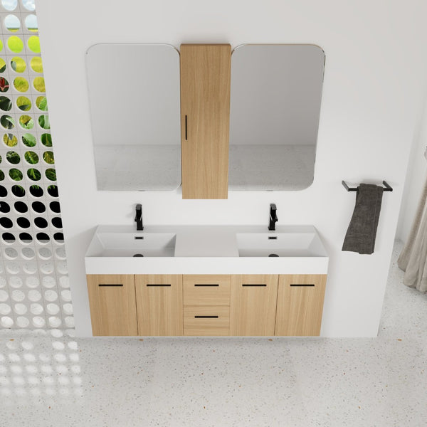 English Elm 60 Inch Floating Double Sink Vanity Set with Linen Cabinet Light Oak Plywood W3450S00119