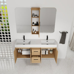 English Elm 60 Inch Floating Double Sink Vanity Set with Linen Cabinet Light Oak Plywood W3450S00119