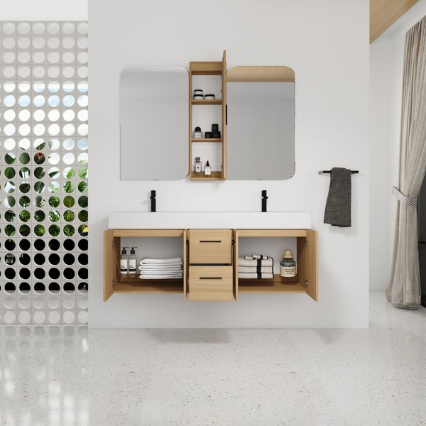 English Elm 60 Inch Floating Double Sink Vanity Set with Linen Cabinet Light Oak Plywood W3450S00119