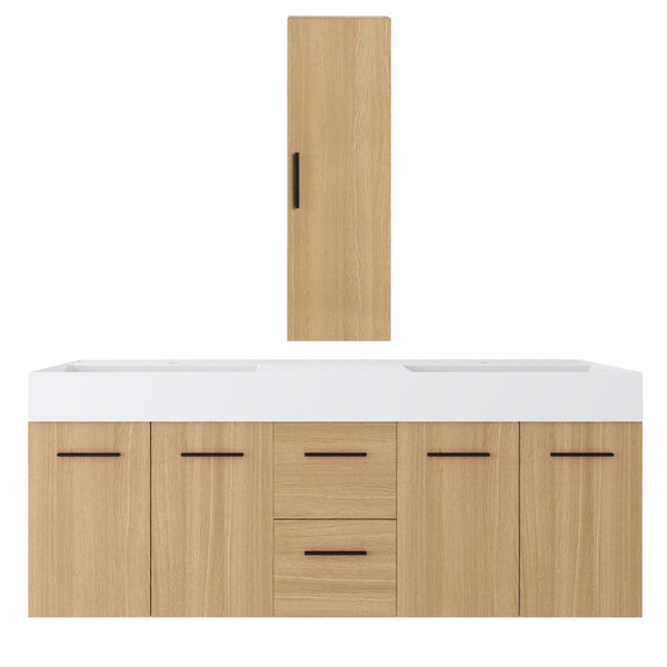 English Elm 60 Inch Floating Double Sink Vanity Set with Linen Cabinet Light Oak Plywood W3450S00119