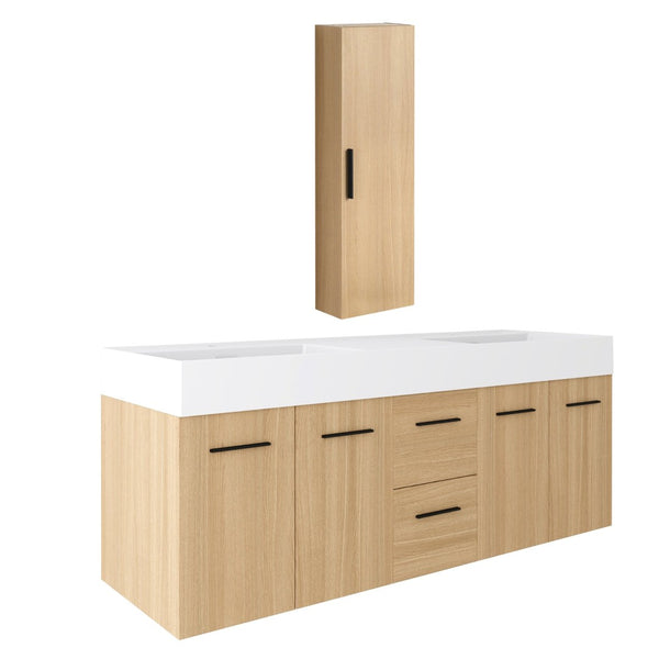 English Elm 60 Inch Floating Double Sink Vanity Set with Linen Cabinet Light Oak Plywood W3450S00119