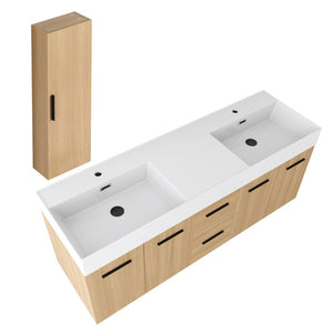 English Elm 60 Inch Floating Double Sink Vanity Set with Linen Cabinet Light Oak Plywood W3450S00119