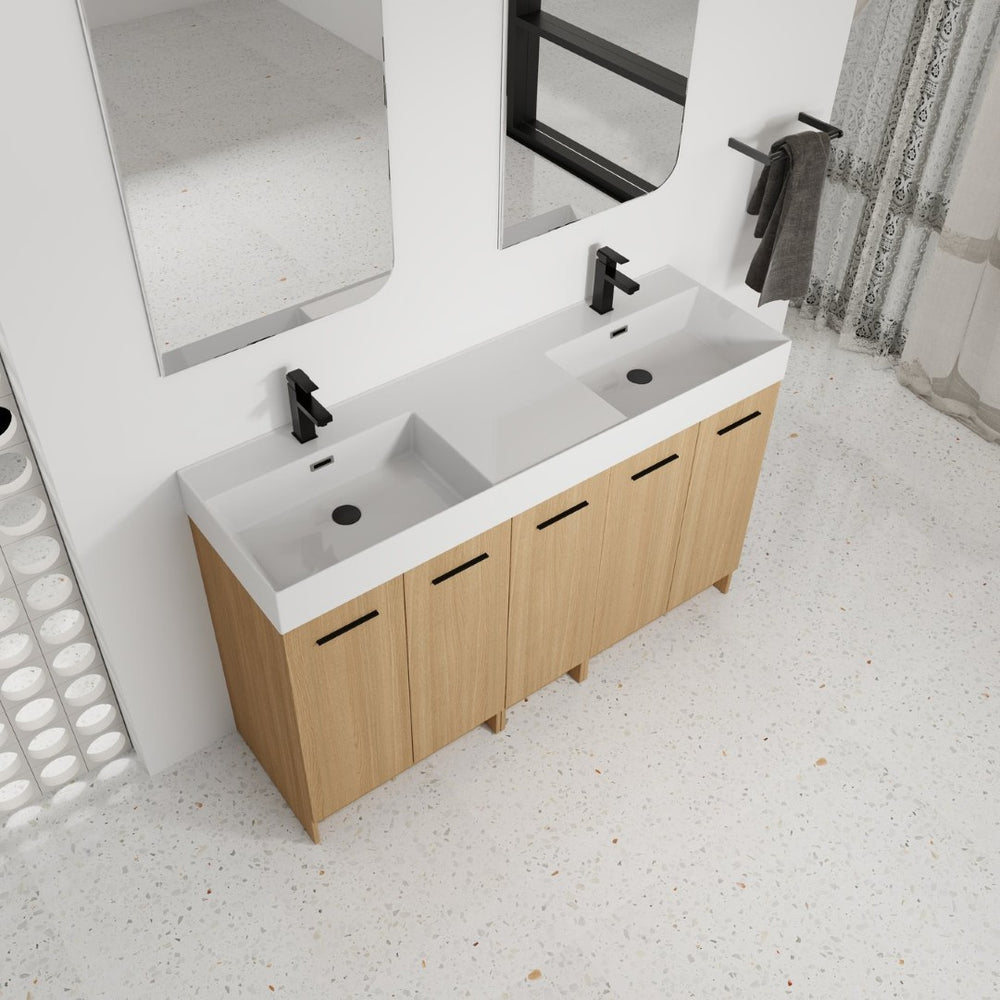 English Elm 60 Inch Freestanding Double Basin Vanity with Oak Grain Finish and Soft Close Storage W3450S00120