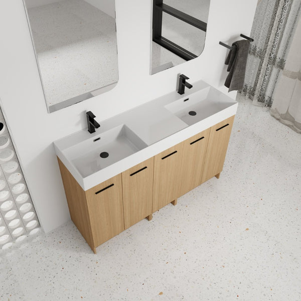 English Elm 60 Inch Freestanding Double Basin Vanity with Oak Grain Finish and Soft Close Storage W3450S00120