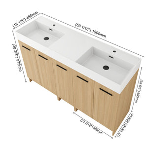 English Elm 60 Inch Freestanding Double Basin Vanity with Oak Grain Finish and Soft Close Storage W3450S00120
