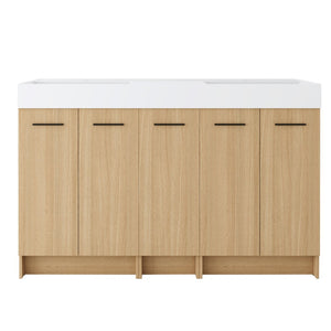 English Elm 60 Inch Freestanding Double Basin Vanity with Oak Grain Finish and Soft Close Storage W3450S00120