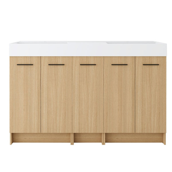English Elm 60 Inch Freestanding Double Basin Vanity with Oak Grain Finish and Soft Close Storage W3450S00120
