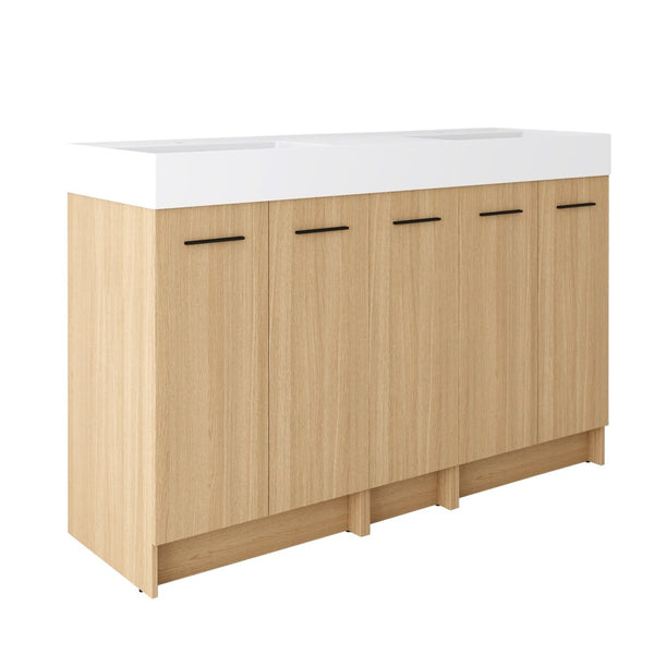 English Elm 60 Inch Freestanding Double Basin Vanity with Oak Grain Finish and Soft Close Storage W3450S00120