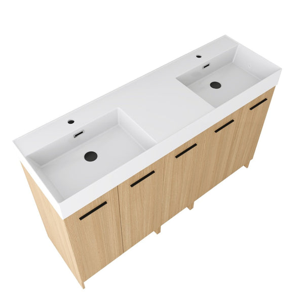 English Elm 60 Inch Freestanding Double Basin Vanity with Oak Grain Finish and Soft Close Storage W3450S00120
