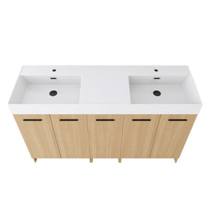 English Elm 60 Inch Freestanding Double Basin Vanity with Oak Grain Finish and Soft Close Storage W3450S00120