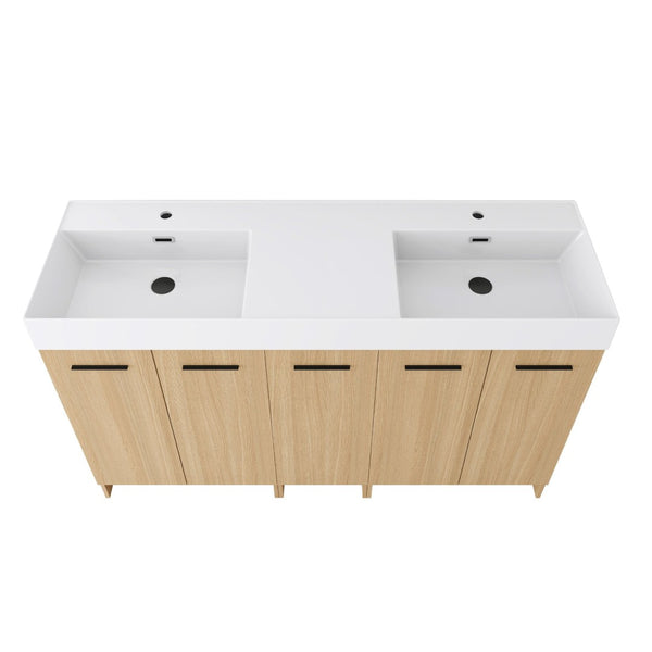English Elm 60 Inch Freestanding Double Basin Vanity with Oak Grain Finish and Soft Close Storage W3450S00120