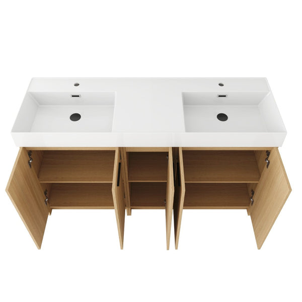 English Elm 60 Inch Freestanding Double Basin Vanity with Oak Grain Finish and Soft Close Storage W3450S00120