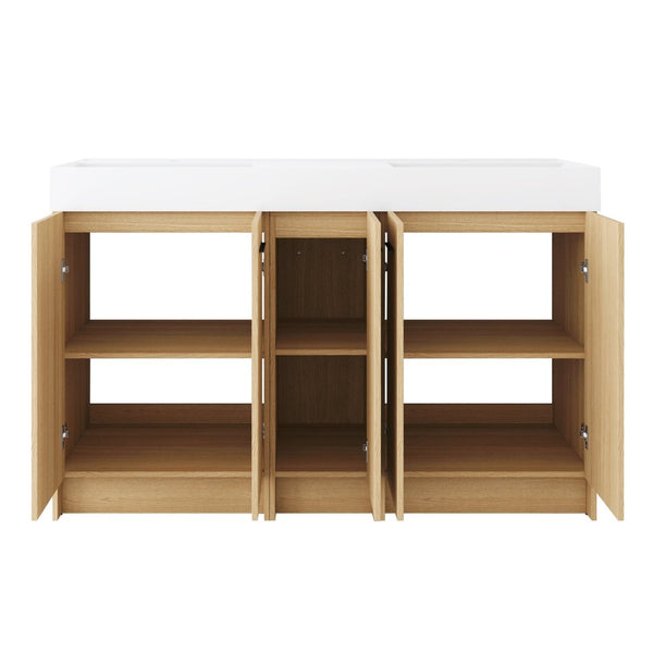 English Elm 60 Inch Freestanding Double Basin Vanity with Oak Grain Finish and Soft Close Storage W3450S00120