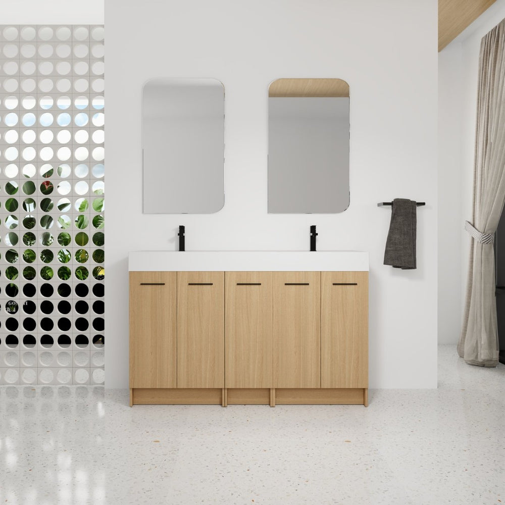 English Elm 60 Inch Freestanding Double Basin Vanity with Oak Grain Finish and Soft Close Storage W3450S00120