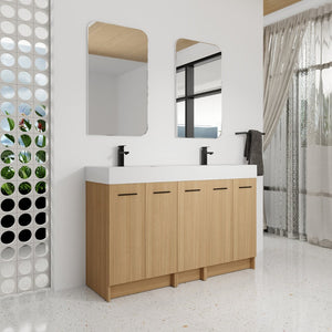 English Elm 60 Inch Freestanding Double Basin Vanity with Oak Grain Finish and Soft Close Storage W3450S00120