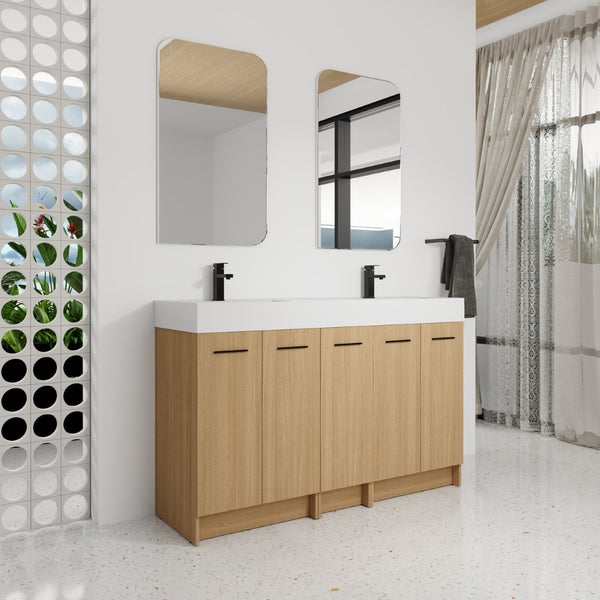 English Elm 60 Inch Freestanding Double Basin Vanity with Oak Grain Finish and Soft Close Storage W3450S00120