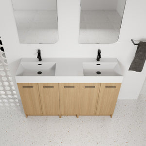 English Elm 60 Inch Freestanding Double Basin Vanity with Oak Grain Finish and Soft Close Storage W3450S00120