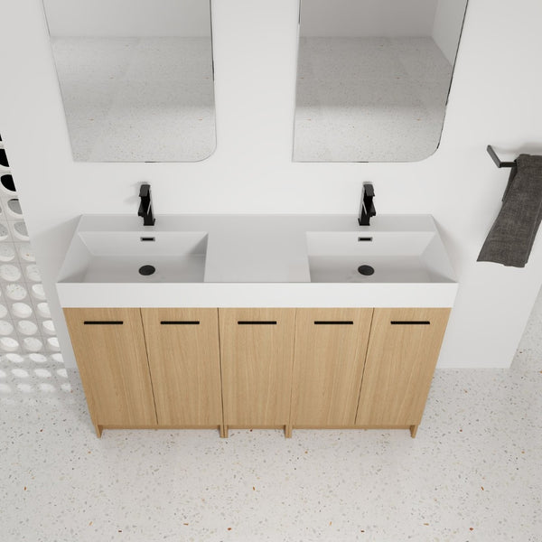 English Elm 60 Inch Freestanding Double Basin Vanity with Oak Grain Finish and Soft Close Storage W3450S00120