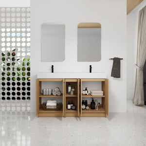 English Elm 60 Inch Freestanding Double Basin Vanity with Oak Grain Finish and Soft Close Storage W3450S00120