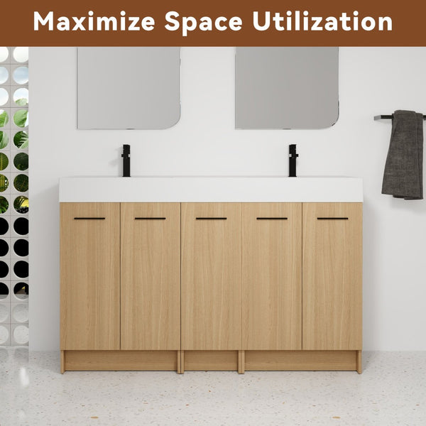 English Elm 60 Inch Freestanding Double Basin Vanity with Oak Grain Finish and Soft Close Storage W3450S00120