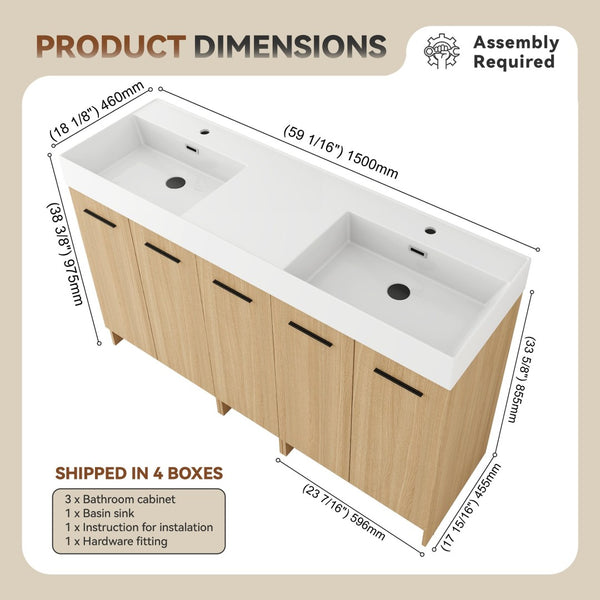 English Elm 60 Inch Freestanding Double Basin Vanity with Oak Grain Finish and Soft Close Storage W3450S00120