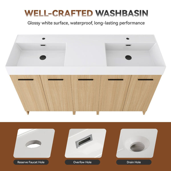 English Elm 60 Inch Freestanding Double Basin Vanity with Oak Grain Finish and Soft Close Storage W3450S00120