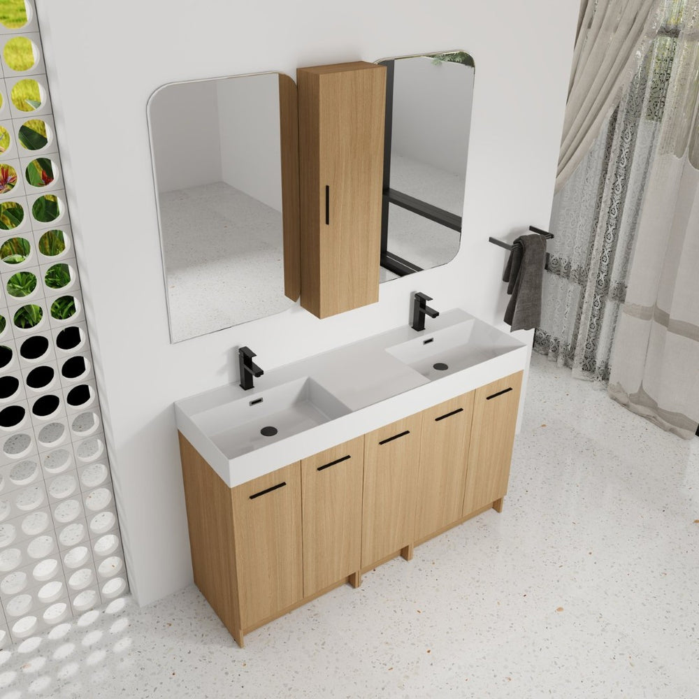 English Elm 60 Inch Double Sink Vanity Set with Linen Tower Light Oak Soft Close Plywood Bath W3450S00121