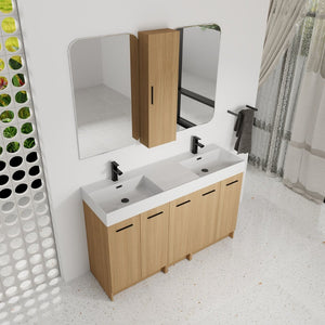 English Elm 60 Inch Double Sink Vanity Set with Linen Tower Light Oak Soft Close Plywood Bath W3450S00121