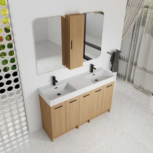 English Elm 60 Inch Double Sink Vanity Set with Linen Tower Light Oak Soft Close Plywood Bath W3450S00121