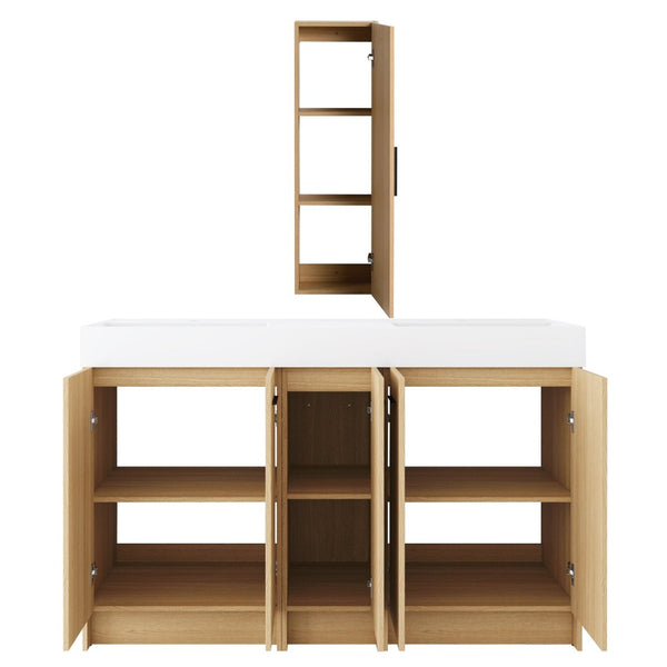 English Elm 60 Inch Double Sink Vanity Set with Linen Tower Light Oak Soft Close Plywood Bath W3450S00121