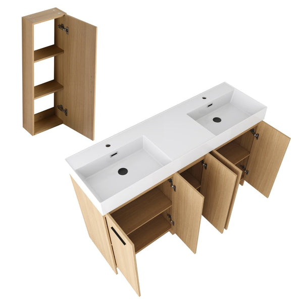 English Elm 60 Inch Double Sink Vanity Set with Linen Tower Light Oak Soft Close Plywood Bath W3450S00121