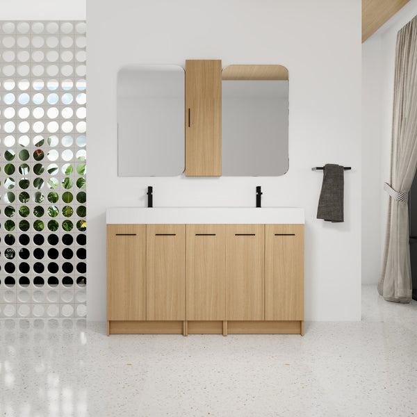 English Elm 60 Inch Double Sink Vanity Set with Linen Tower Light Oak Soft Close Plywood Bath W3450S00121