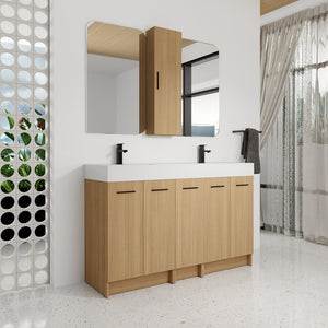 English Elm 60 Inch Double Sink Vanity Set with Linen Tower Light Oak Soft Close Plywood Bath W3450S00121