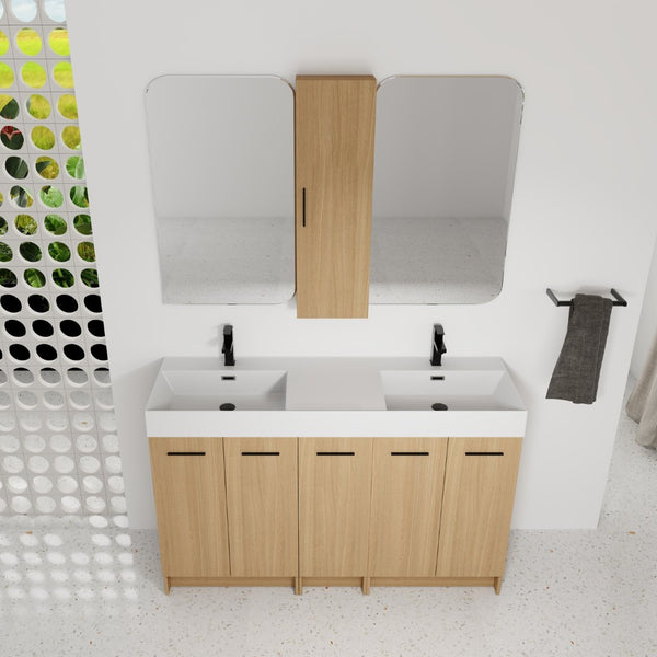 English Elm 60 Inch Double Sink Vanity Set with Linen Tower Light Oak Soft Close Plywood Bath W3450S00121