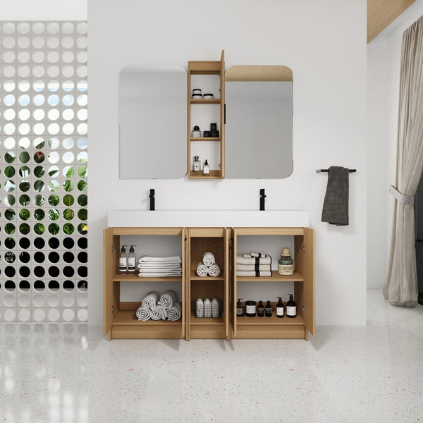 English Elm 60 Inch Double Sink Vanity Set with Linen Tower Light Oak Soft Close Plywood Bath W3450S00121