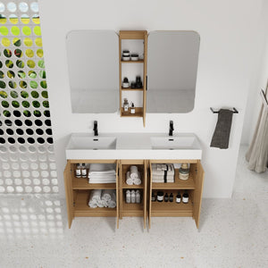 English Elm 60 Inch Double Sink Vanity Set with Linen Tower Light Oak Soft Close Plywood Bath W3450S00121