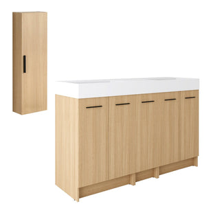 English Elm 60 Inch Double Sink Vanity Set with Linen Tower Light Oak Soft Close Plywood Bath W3450S00121